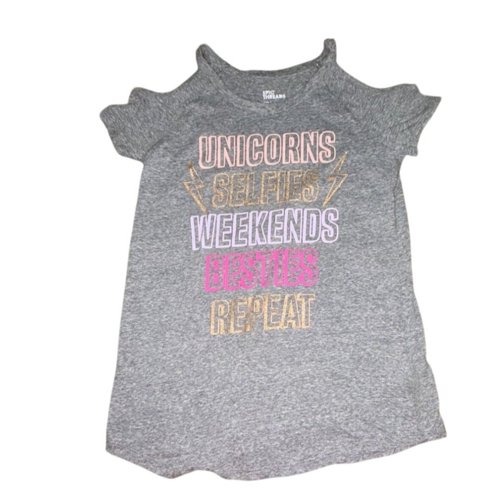 Epic Threads Girls Cold Shoulder Graphic T-Shirt-Gray-Size Large-NWT